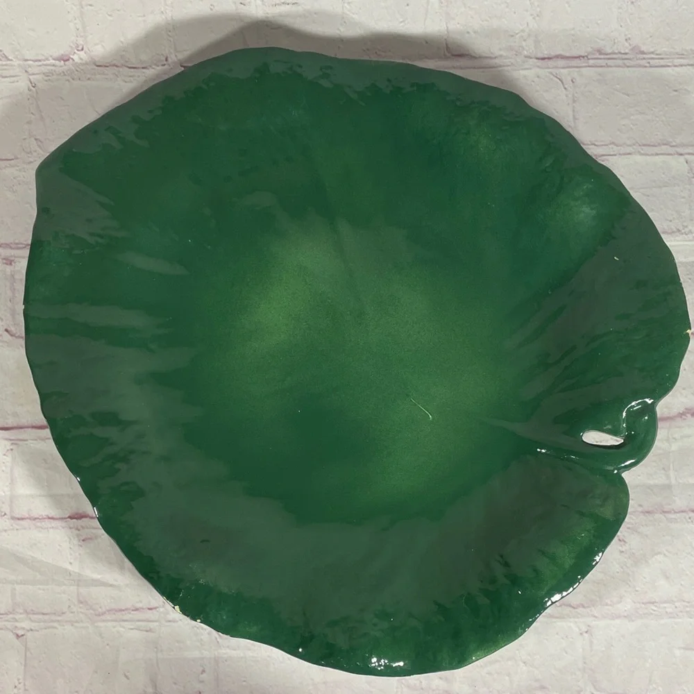 Vintage Italian Green Leaf-Shaped Ceramic Serving Platter
